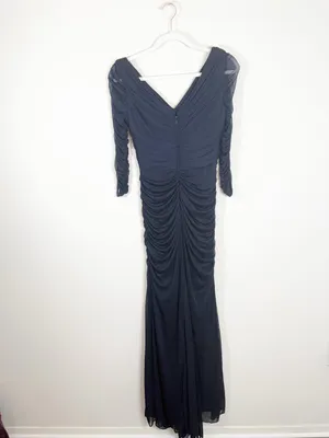 Adrianna Papell Ruched Mesh Navy Blue Beaded V Neck Maxi Dress Formal Size 4 thumbnail 3