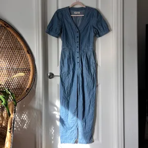 Madewell Blue Denim Jumpsuit Cotton Blend size‎ 0 Puff Sleeve Button Front thumbnail 3