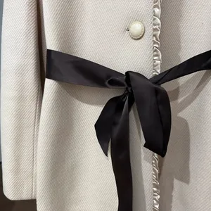 Express Cream Trench Coat with Brown Satin Waist Tie thumbnail 4