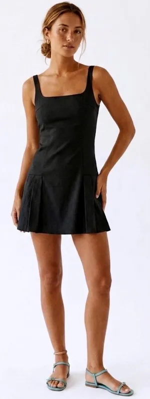AQUA Black Square Neck Pleated Drop Waist Mini Dress Sleeveless Size Medium NEW thumbnail 1