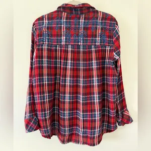 Free People Magical Plaid Boho Cottage Embroidered Cotton Button Down size small thumbnail 9