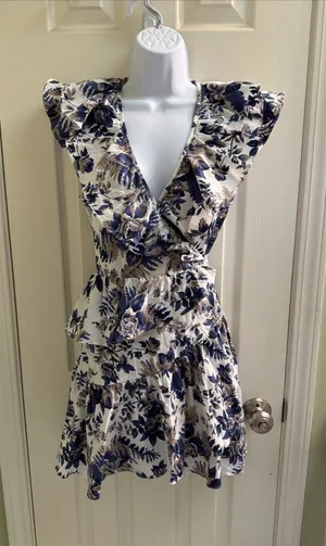 Hello Molly Dress Sz L Blue Floral Ruffle Wrap Flutter Sleeve‎ Summer Sundress thumbnail 1