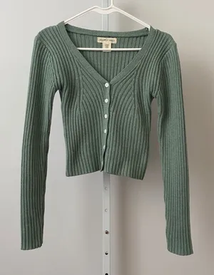 Happily Grey Cotton Clean Office Siren Academia Ribbed V-Neck Cardigan XS Green thumbnail 1