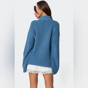 Edikted Sweater Women’s Medium Blue Cropped‎ Ribbed Quarter Zip Pullover thumbnail 2