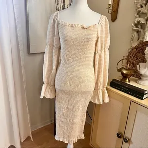 REVOLVE SNDYS‎ Gingham Courtney Dress in Cream Size 8 Smocked Midi thumbnail 4