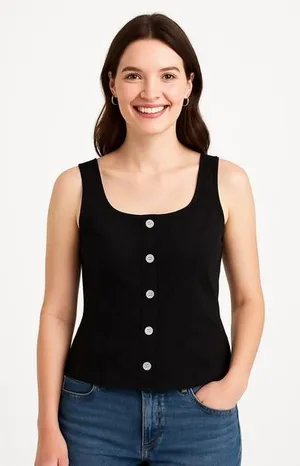 J‎ Crew Top Womens 2 Black Button Up Peplum Sleeveless Square Neck Cotton CK740 thumbnail 1