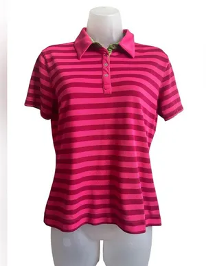 Ladies Nike Golf Short Sleeve Polo Pink Stripe Green Trim Size Medium thumbnail 2