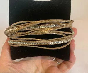 Multi-Strand Bronze Metallic Leather Wrap Bracelet Crystals Magnetic Closure thumbnail 1