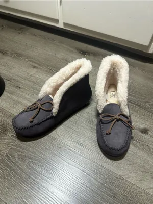 UGG Gray Suede Moccasin Slippers with Cream Shearling Trim thumbnail 3