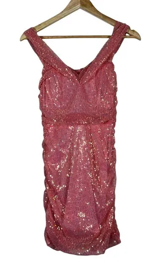 Lucy in the Sky Sequin Ruched Bodycon Mini Dress Pink Glam Party Size S thumbnail 1