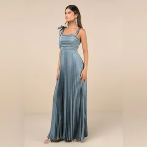 LULU’S Gorgeous Purpose Slate Satin Pleated Sleeveless Bow Maxi Dress thumbnail 3