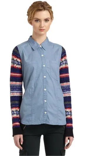 We The Free Fair Isle Sleeve Chambray Button Down Shirt thumbnail 1