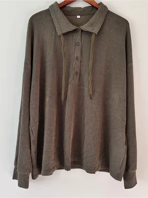 Oversized Olive Green Ribbed Stretchy Pullover Shirt sz XL thumbnail 1