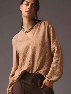 NWT Self Contrast Anthropologie Tan Brown Long Sleeve Tunic Blouse size Medium thumbnail 1