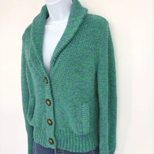American Eagle Chunky Knit Shawl Collar Cardigan Sweater LG Green Blue‎ Pockets thumbnail 2