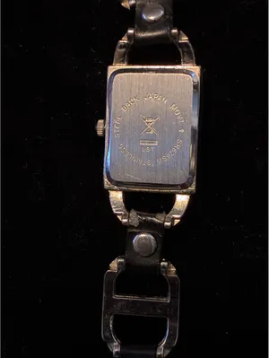 Vintage Women's Watch Silver Tone Rectangular Black Leather Stirrup Links thumbnail 4