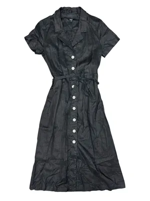 Quince 100% European Linen Button Front Short Sleeve Tie Midi Dress Black Small thumbnail 5