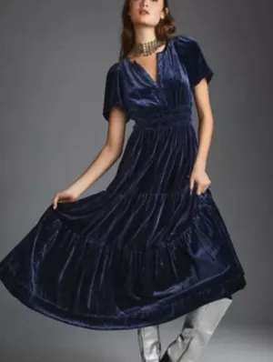 Anthropologie The Somerset Velvet Edition Dark Blue Navy Long Dress NWT Size M thumbnail 1