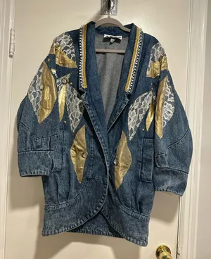 VTG 80s AFSY SzS Loose embellished denim coat gold metallic appliqué lace bead. thumbnail 1
