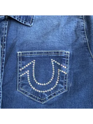 Size Large Women’s True Religion Western Denim Shirt Crystal Horseshoe thumbnail 5