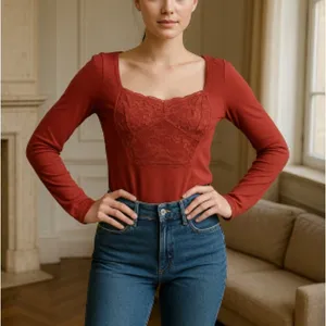 NWT Free People Long Sleeve Lace Trim Blouse‎ in Rose Size Small thumbnail 1