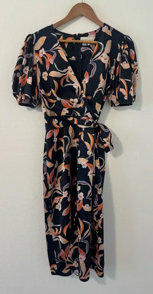SACHIN & BABI Casey Navy Floral-Print Flared Dress Midi Puff Sleeves ASO Sz 4 thumbnail 1
