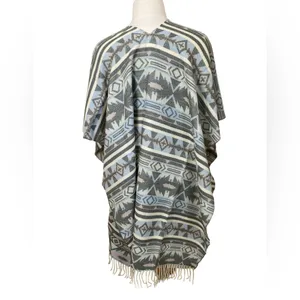 Free people Blue & Gray Western Boho Hippie Acrylic Pull Over Fringe poncho thumbnail 3