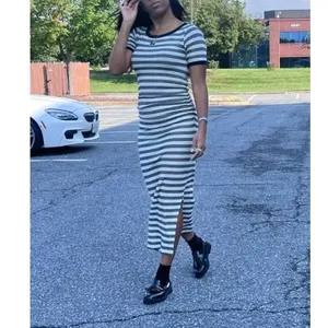 Ganni Blue White Striped T-Shirt Dress SMALL Ruched Knit Designer $325 Flaw thumbnail 4