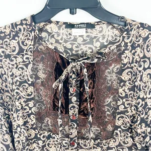 SANDRO Baroque Brown Paisley Print Sheer Lace Trim Blouse Size Small Boho Chic thumbnail 9
