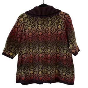 DKNY Jeans Cardigan Lg Brown Multicolor Knit‎ Short Sleeve Button Boho Sweater thumbnail 3