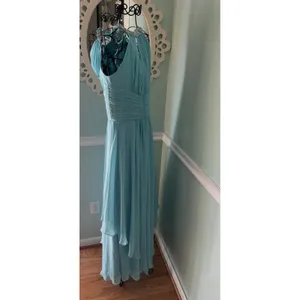 $240 ELIZA J 4 Dress Embellished Tiered Chiffon Halter‎ Gown formal AQUA Prom thumbnail 4
