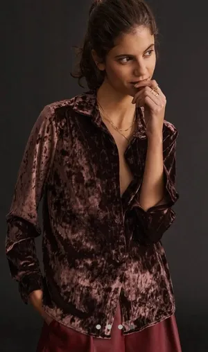 ANTHROPOLOGIE Amadi Brown Crushed Velvet Shirt Size Small thumbnail 1