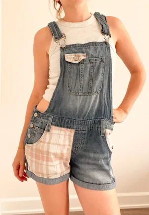 Vintage lei Blue Denim Short Overalls with Pink Plaid Patchwork Pockets thumbnail 1
