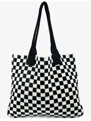 Black & White Checkerboard Knit Tote Bag - Stylish Everyday Carry thumbnail 1