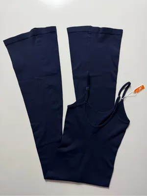 NWT Amazon Ribbed Flared Leg Jumpsuit, Navy Blue, Size S thumbnail 5