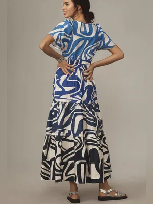 Anthropologie The Somerset Maxi Dress Slate Blue Swirl Abstract Print Size Large thumbnail 4