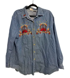 Bobbie Brooks Vintage‎ Denim Shirt Cottagecore Blue Embroidered Cardinal XL thumbnail 1