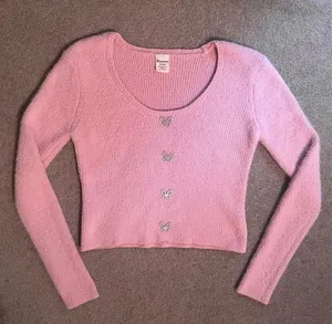 Pink Fuzzy Rhinestone Butterfly Button Long Sleeve Sweater thumbnail 1