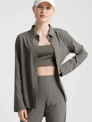 Quince Performance Tech Button-Down Long Sleeve Blouse Loose Fit Silky Small thumbnail 1