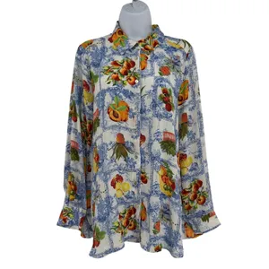 Rose + Olive Fruit Toile Button Shirt Sz L Euro Summer Cottage Resort Peaches thumbnail 2