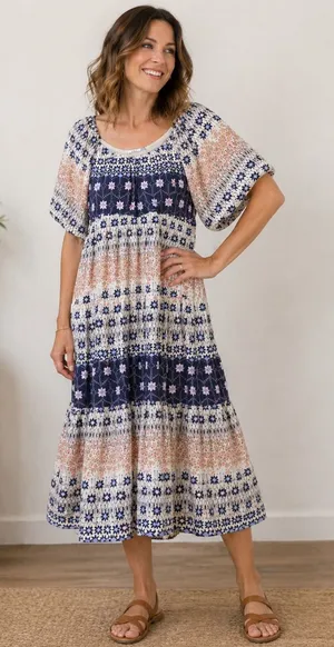 NWT DEX Maxi Dress 1X Navy Floral Boho Tiered‎ Puff Elastic Sleeves Flowy Spring thumbnail 1