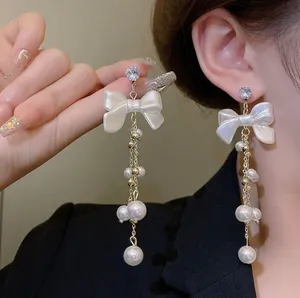 Elegant Bow White Pearl Dangle Drop Earrings for Women thumbnail 4