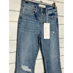 Risen Button Fly Cropped Flare Jeans Size 25 Distressed Light Wash Denim thumbnail 3