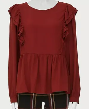 Loft Women's Size Large Wild Currant Ruffle-Sleeve Peplum Top Burnt‎ Red Orange thumbnail 1