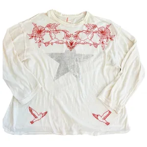 Free People We The Free Fly By Long Sleeve Tshirt Ivory Combo Star Embroidered M thumbnail 3