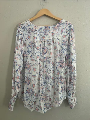 Lucky Brand White Floral Tie-Front Peasant Blouse Floral Boho Bohemian Large thumbnail 4
