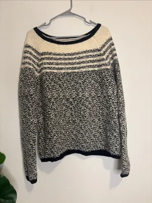 Lou and grey xl wool blend Black and Cream Marled Stripe Pullover Sweater thumbnail 1