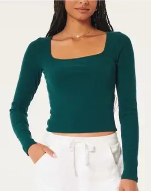 Abercrombie & Fitch Soft A&F Essentials Green Square Neck Long Sleeve Top Medium thumbnail 1