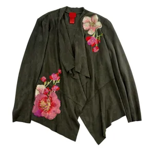 V Christina M Medium Cardigan Jacket Faux Suede Moss Green Floral‎ Embroidered thumbnail 2