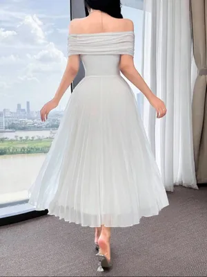 Off-Shoulder White Midi Dress with Pleated Skirt thumbnail 5